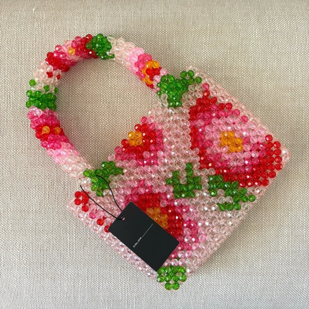 Anthropologie Small Beaded Tote Bag NWT Acrylic Floral Design Handmade